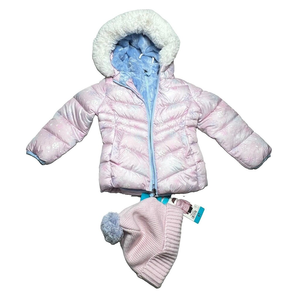 SNOZU Girls Puffer Fleece Lined Jacket Coat w/Fleece Lined Hat Pink, 4T NWT